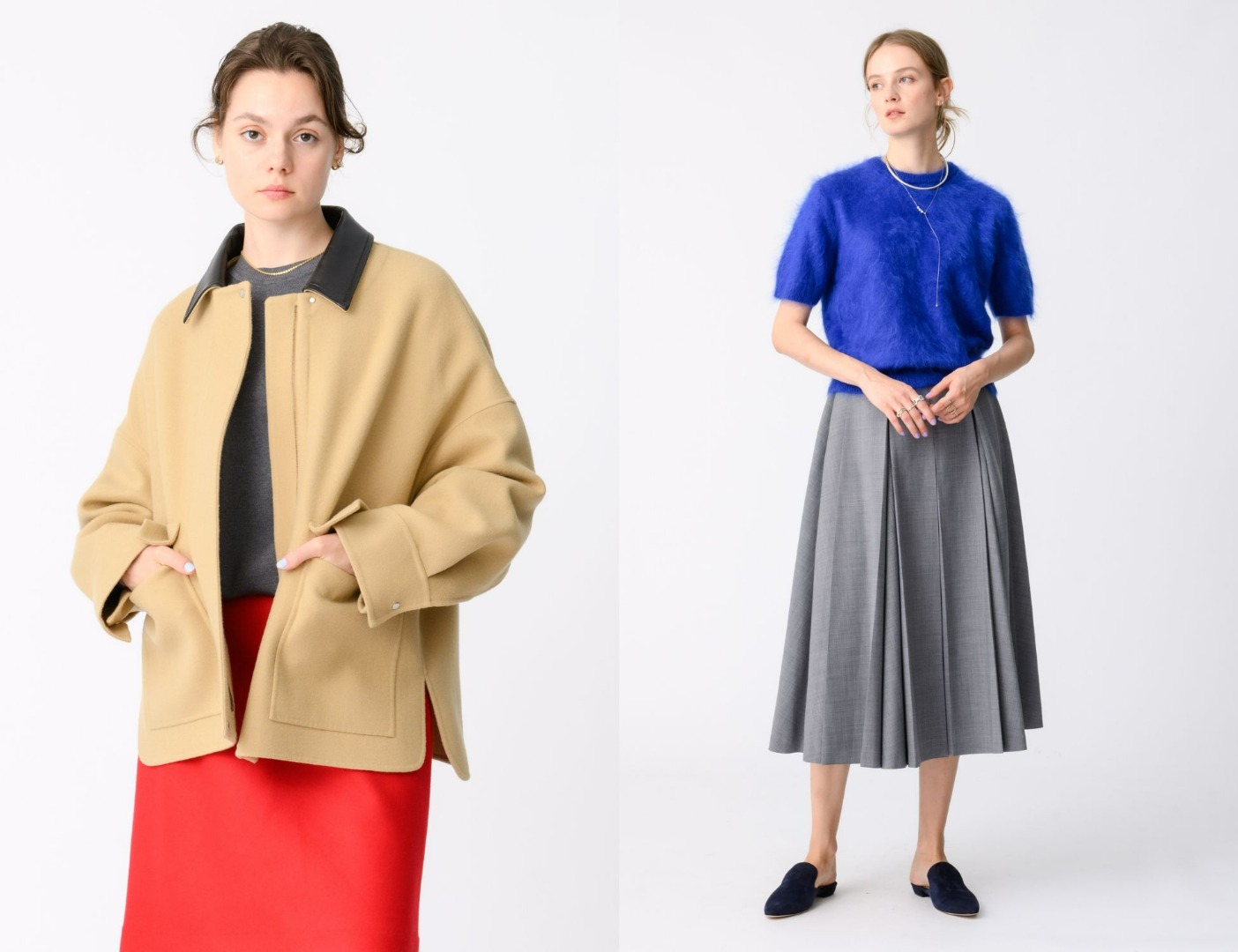 Melton Jacket、Cashmere Knit、Pleats Skirt