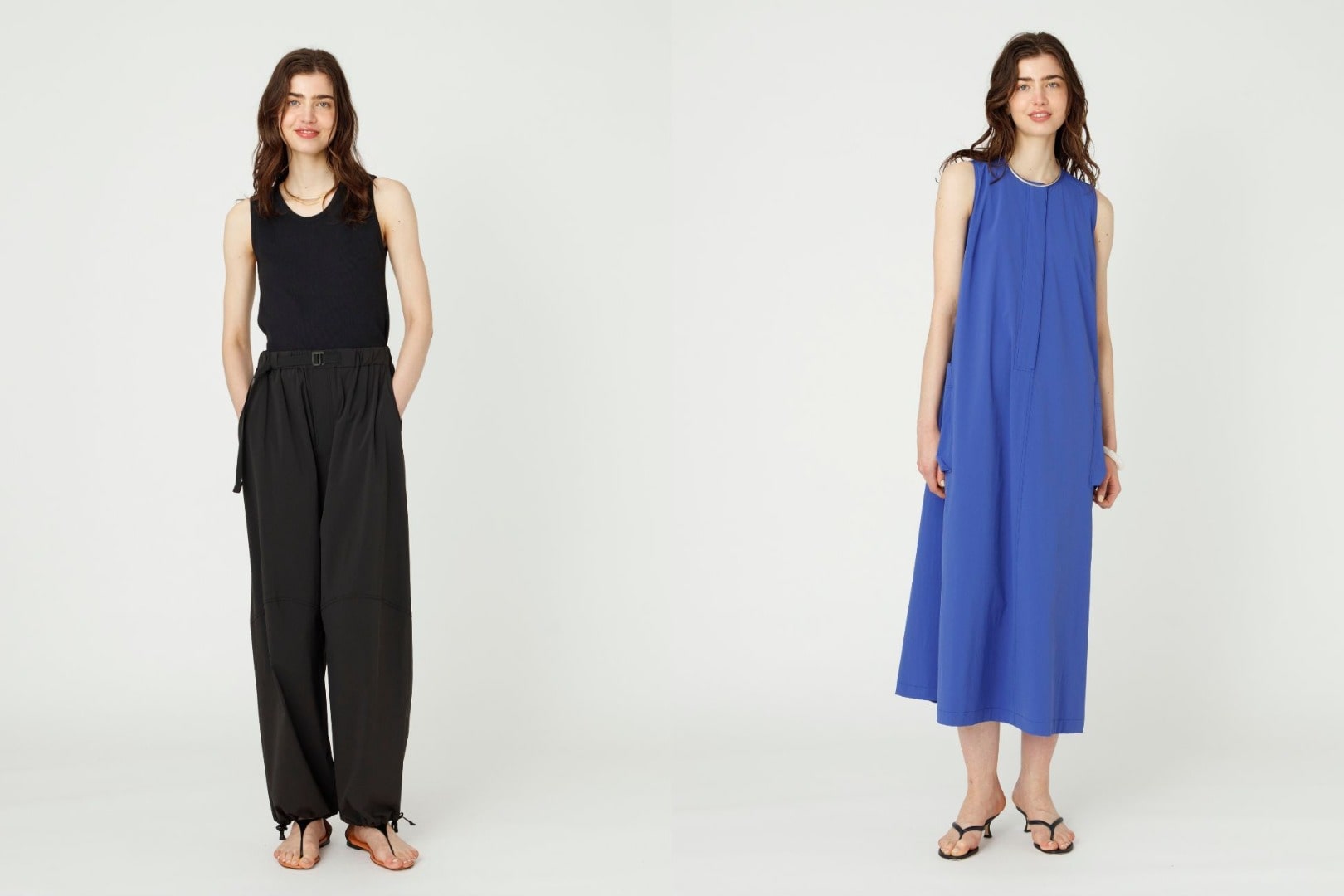 (左) Spun Rib Sleeveless Tee & (右) Nylon dress