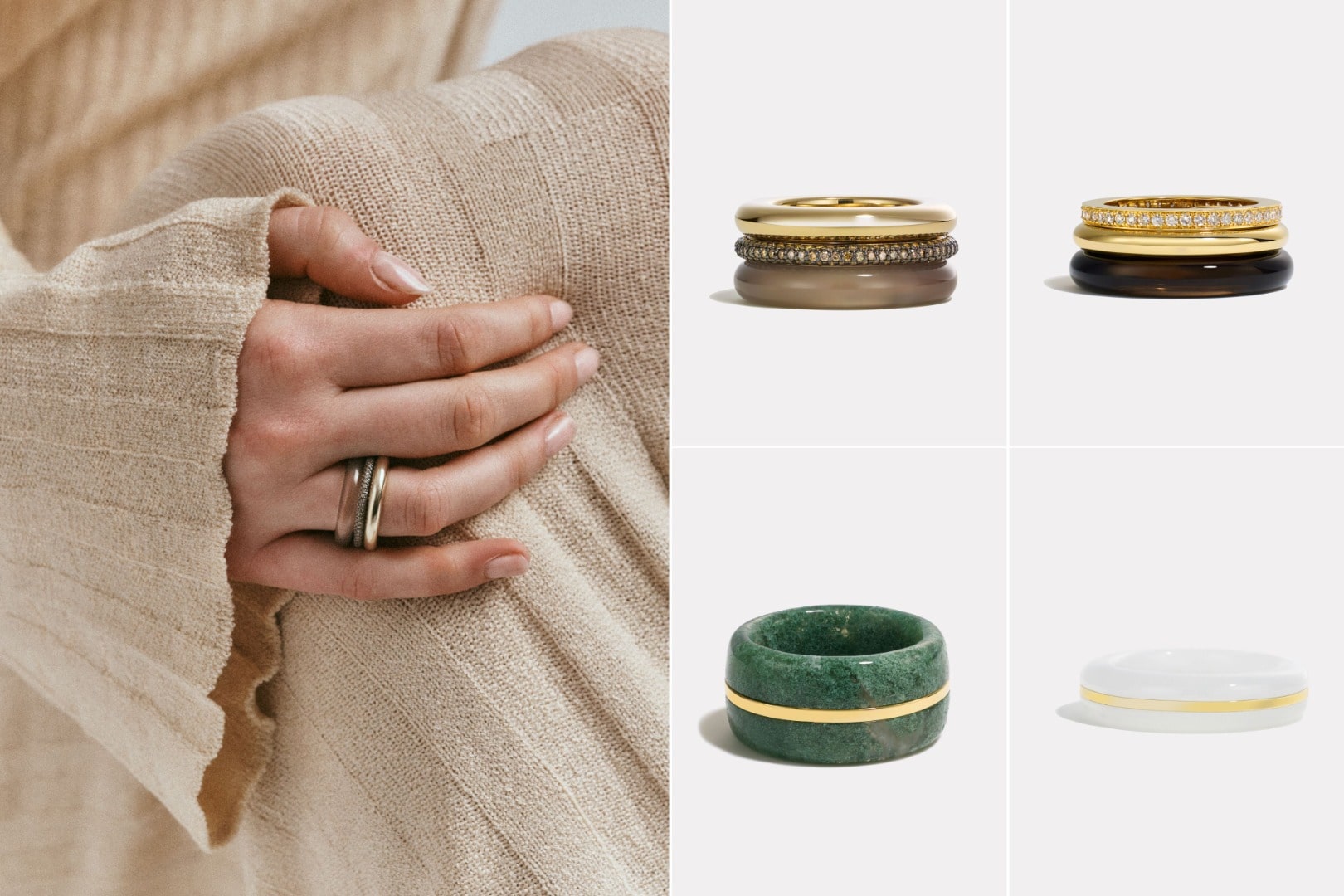 Ring（14KYG, Champagne Diamond × Gray Agate / White Diamond × Smokey Quartz / Moss Agate / White Jasper）