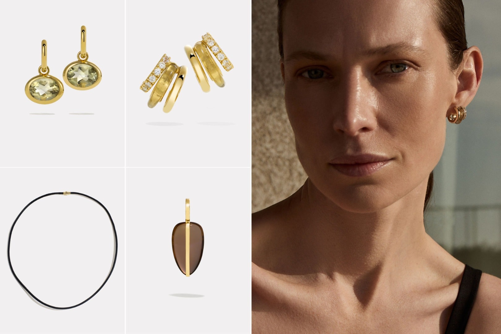 Pierced Earrings（14KYG, Green Amethyst / White Diamond × White Sapphire × Green Amethyst）, Necklace（14KYG, Leather, Smokey Quartz）