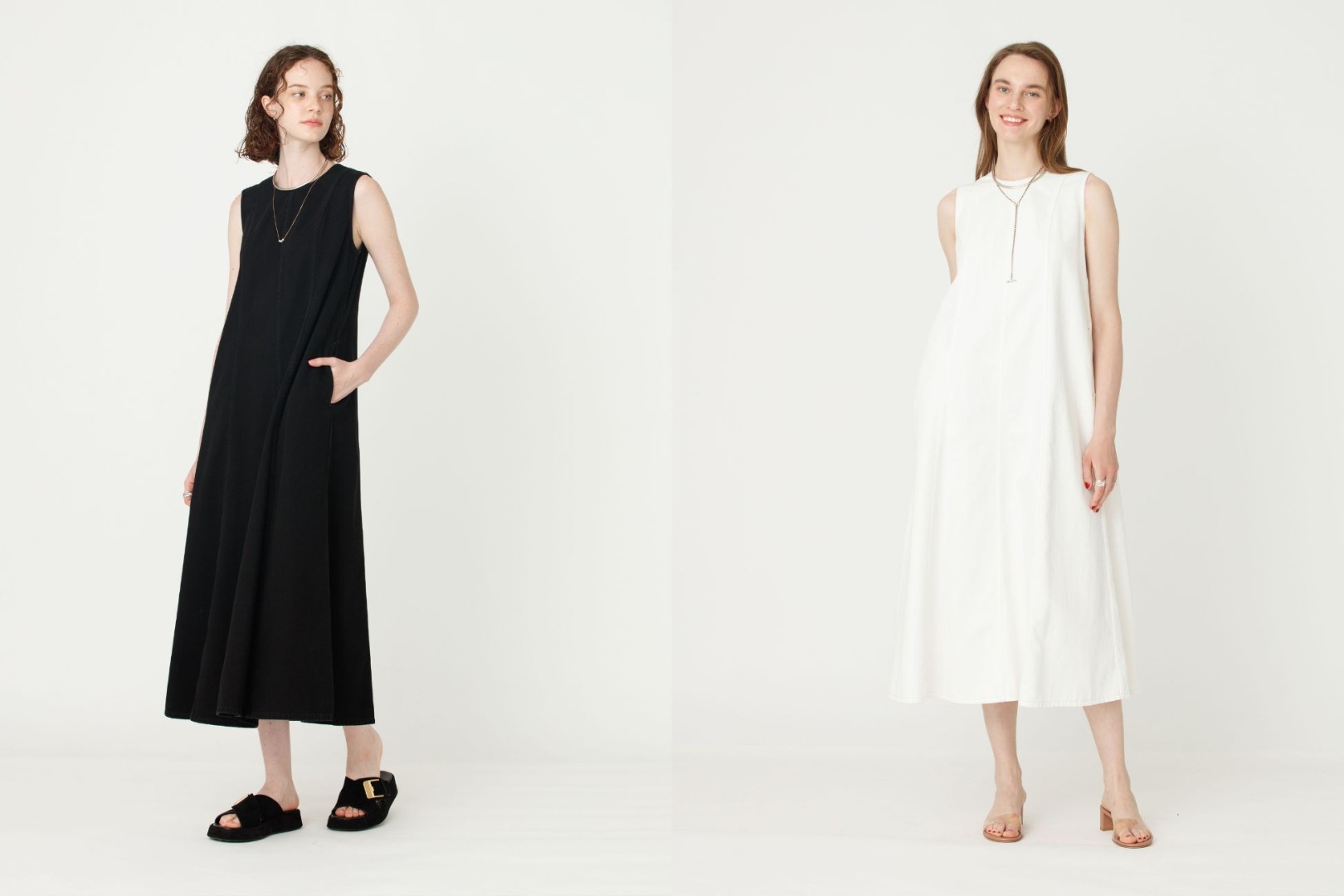 Denim Flared Dress / WHITE, BLACK